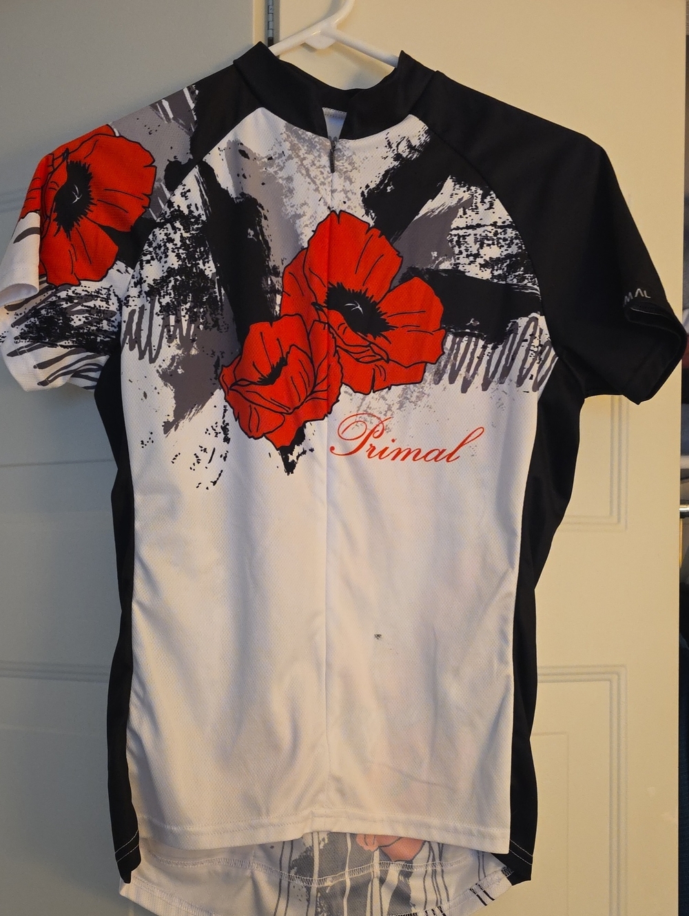 Women's White & Black Cycling Jersey with Red Floral Print